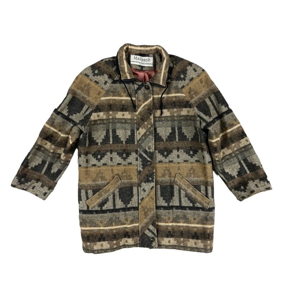 VTG Mackintosh Wool Women Beige Zip Up Button Coat Sz‎ 12 Southwestern Pattern - Picture 1 of 8
